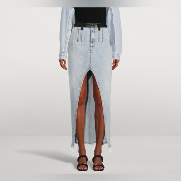 Kate Hewko Denim Skirt High Front Slit Raw Hem Faux Leather Detail Size Small - Picture 1 of 11